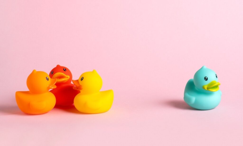 Three rubber ducks stand in front of one blue rubber duck. The concept of rejection.