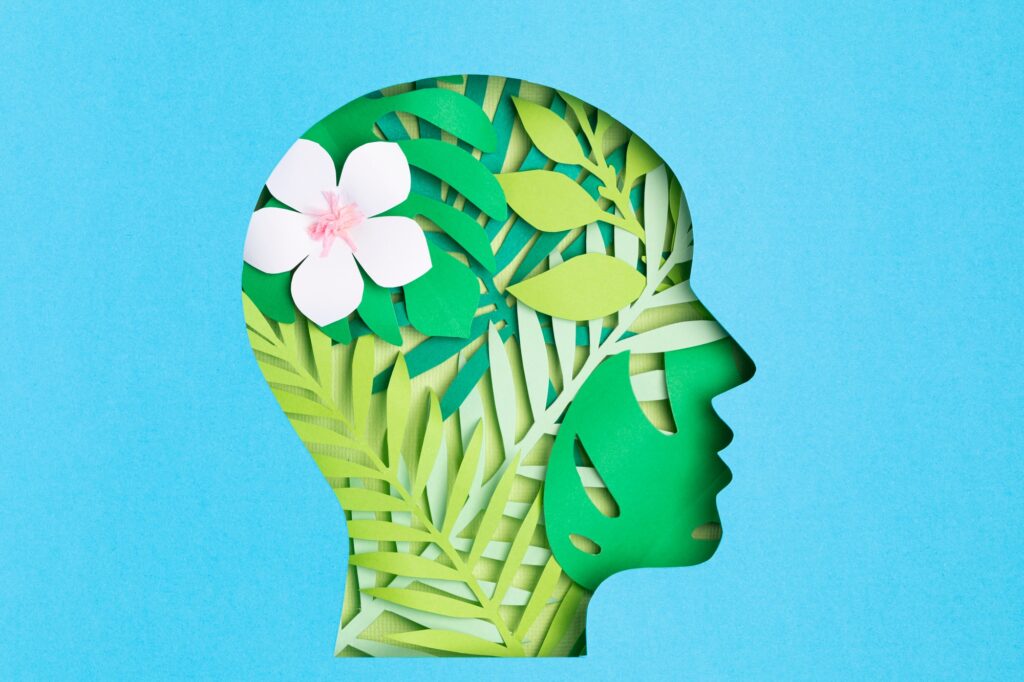 Papercut head with with green leaves inside. Mental health, psychology, memory, logic, green