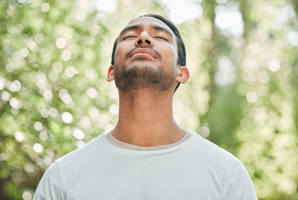 Breathing, mean and relax with peace in nature for exercise, workout or meditation for zen after fi