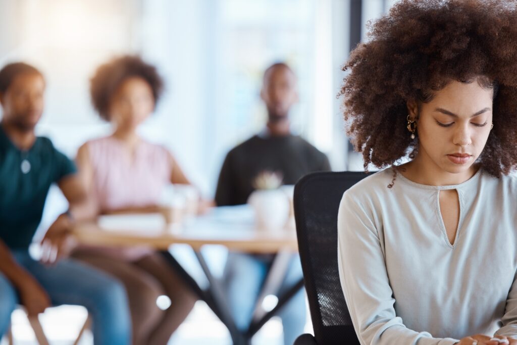 Workplace bullying, anxiety and gossip of businesswoman with depression, mental health and sad vict