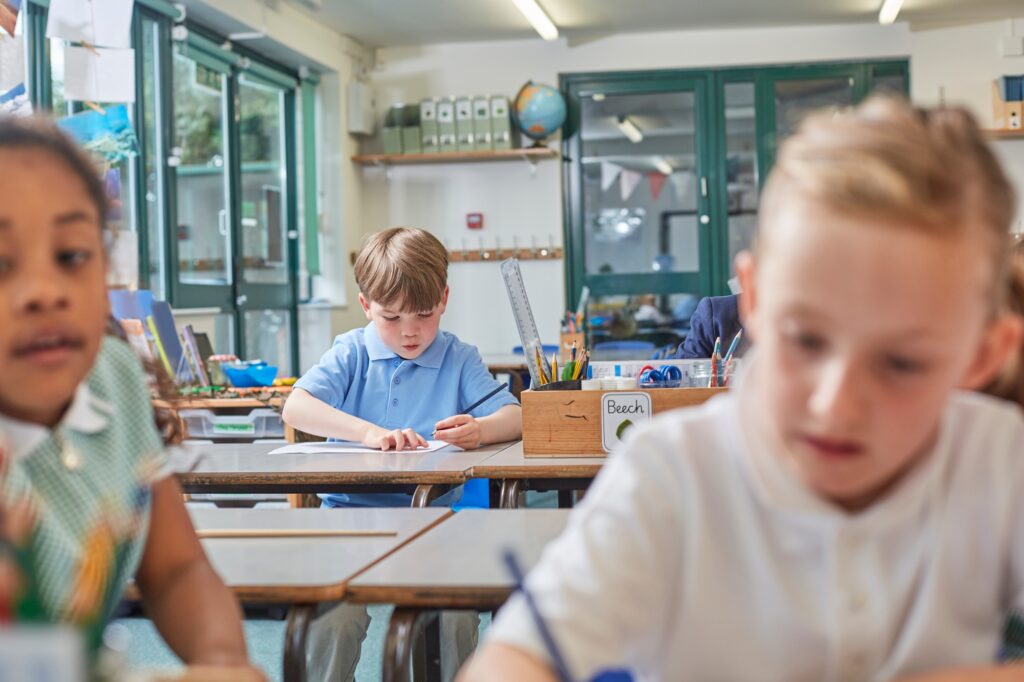 Primary schoolboy and girls doing schoolwork at classroom desks