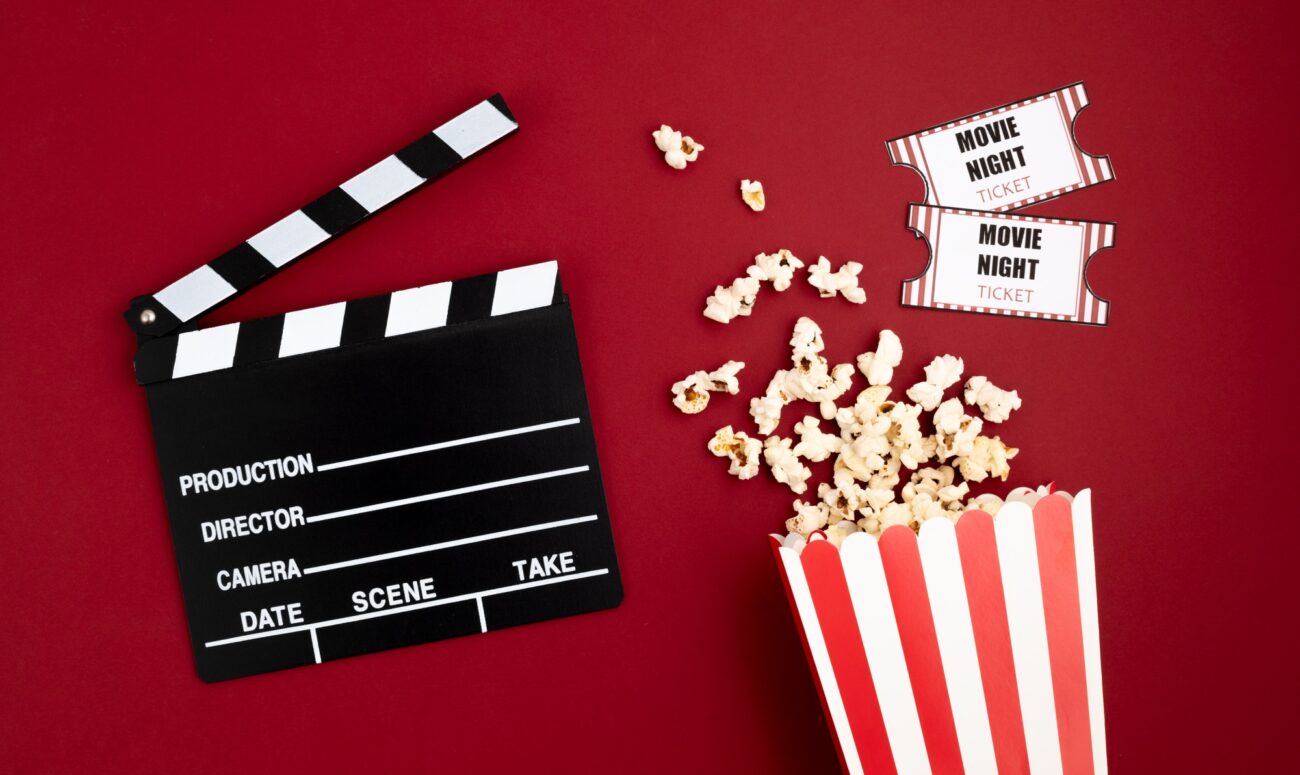 Movie clapperboard and cinema tickets. Home movie night, party invitation